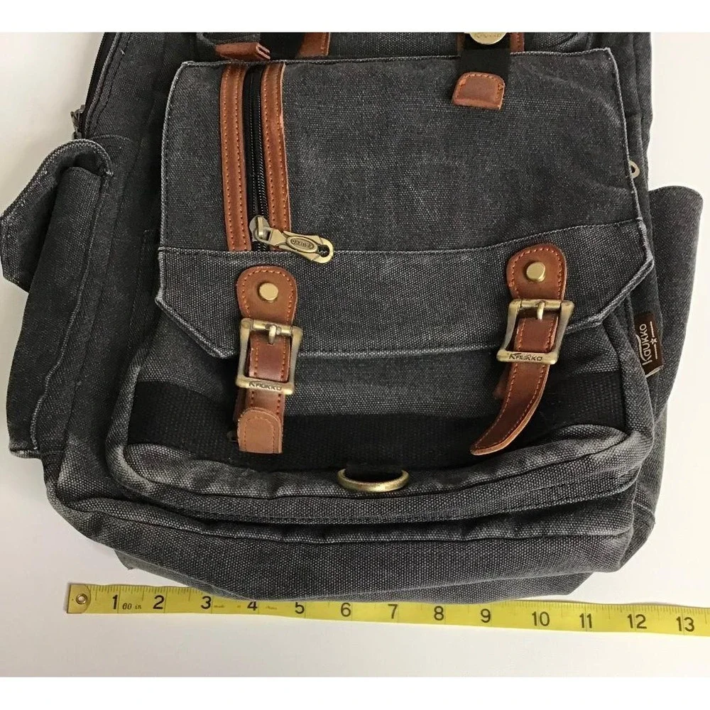Kaukko Canvas Backpack Rucksack Charcoal Gray Leather Trim Travel Laptop School